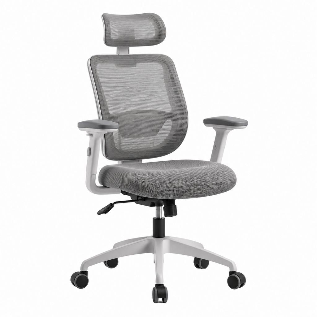 Chaise de bureau ergonomique grise en maille polyester avec appui-tête accoudoirs réglables et roulettes 62 x 62 x 118-128 cm