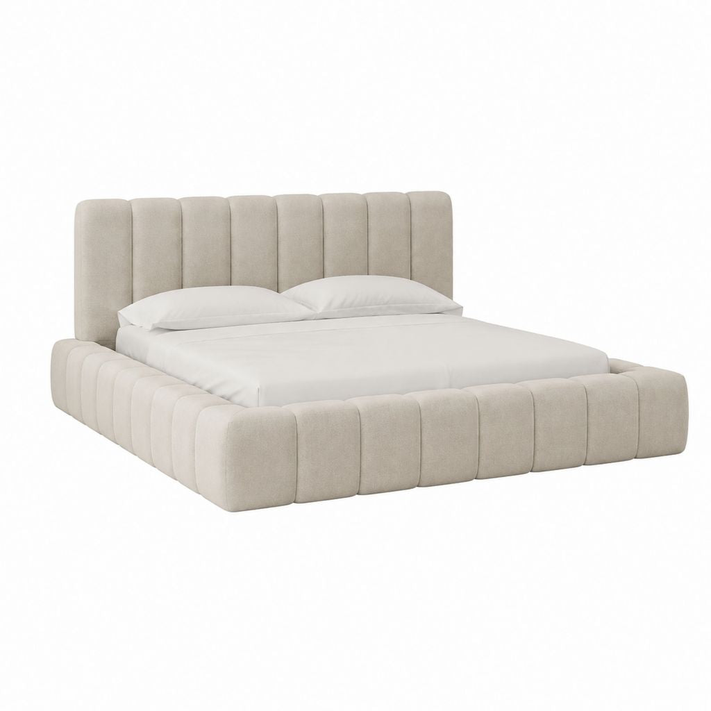 Lit coffre double beige en polyester capitonné 160 x 200 cm
