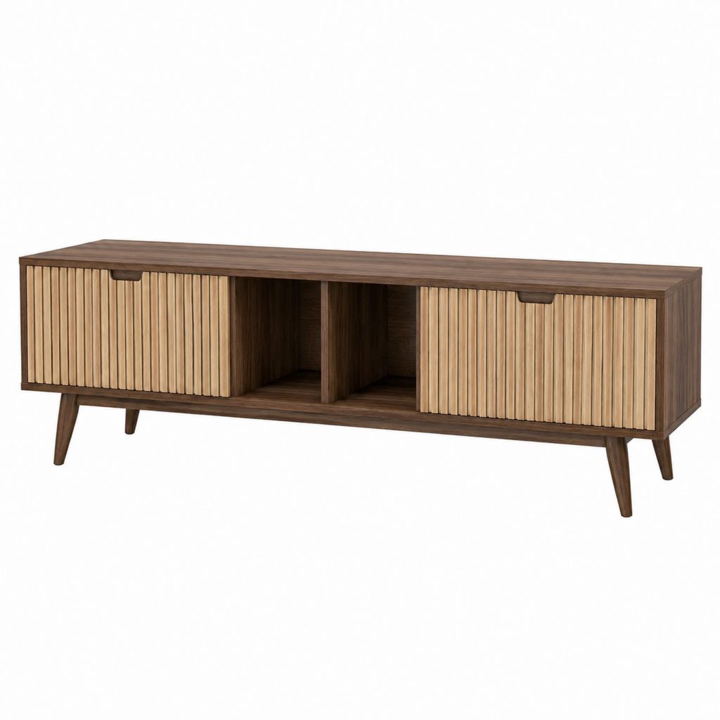 Meuble TV bas noyer en MDF plaqué avec portes coulissantes rainurées 160 x 40 x 55 cm