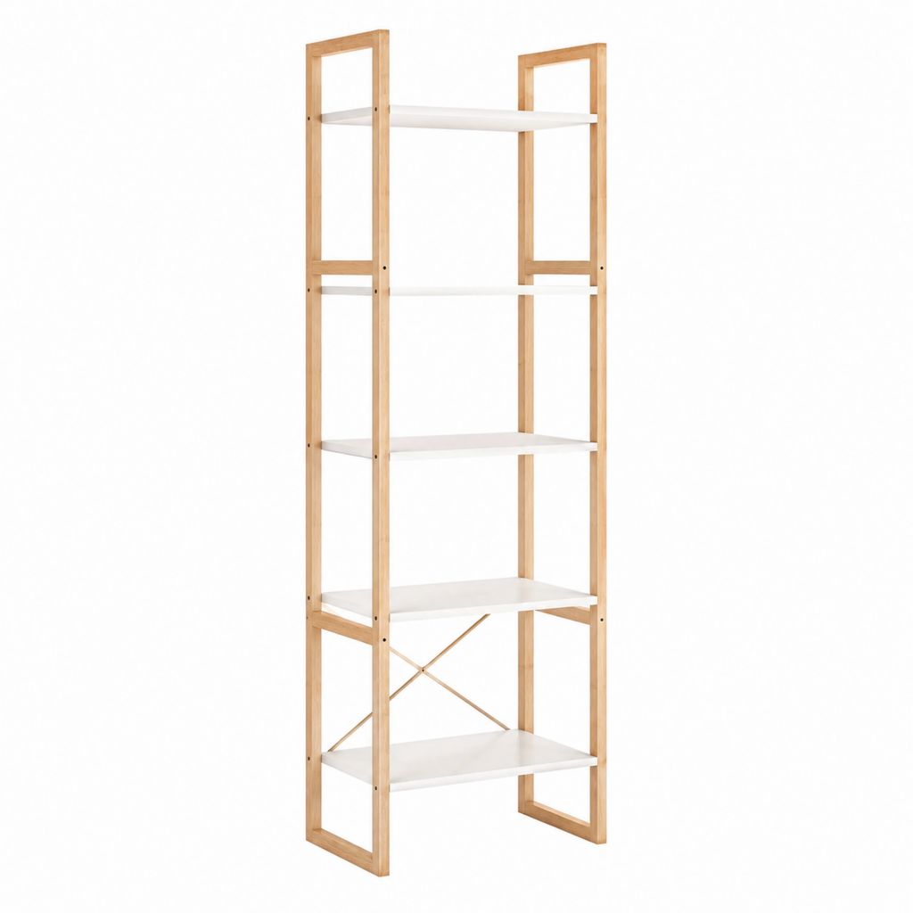 Étagère bibliothèque 5 niveaux blanche et bambou 60 x 30 x 180 cm