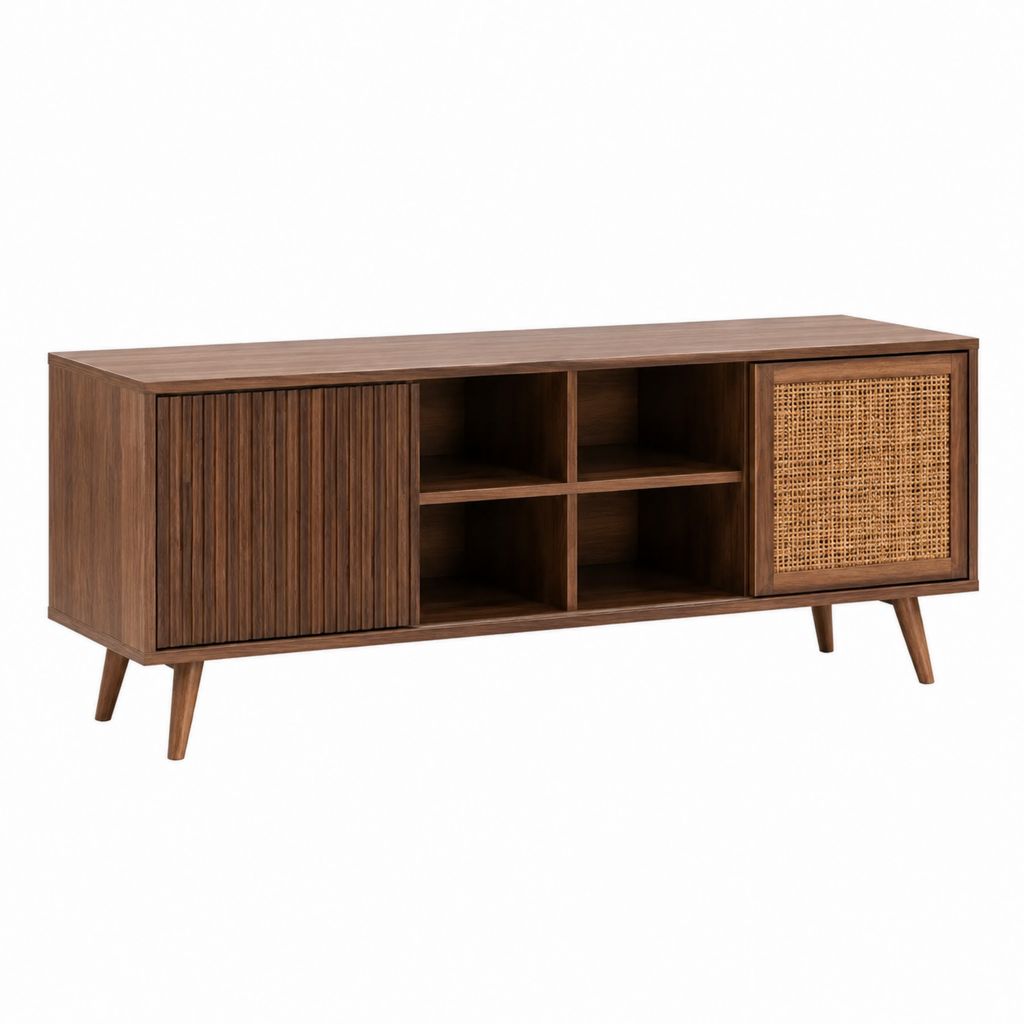 Meuble TV rectangulaire noyer en MDF plaqué noyer et cannage de rotin 160 x 40 x 60 cm