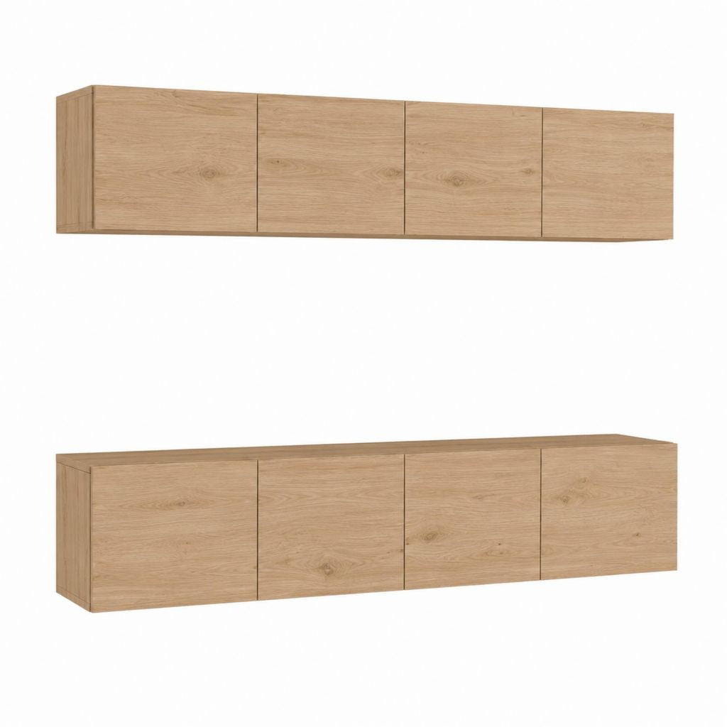 Ensemble meuble TV mural et meuble bas chêne clair en panneaux de particules 200 x 40 x 45 cm