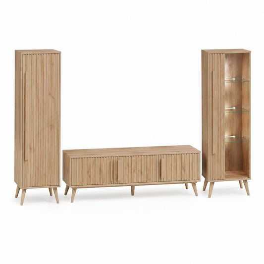 Ensemble meuble TV avec 2 vitrines en chêne naturel 160 x 40 x 55 cm et 60 x 40 x 190 cm