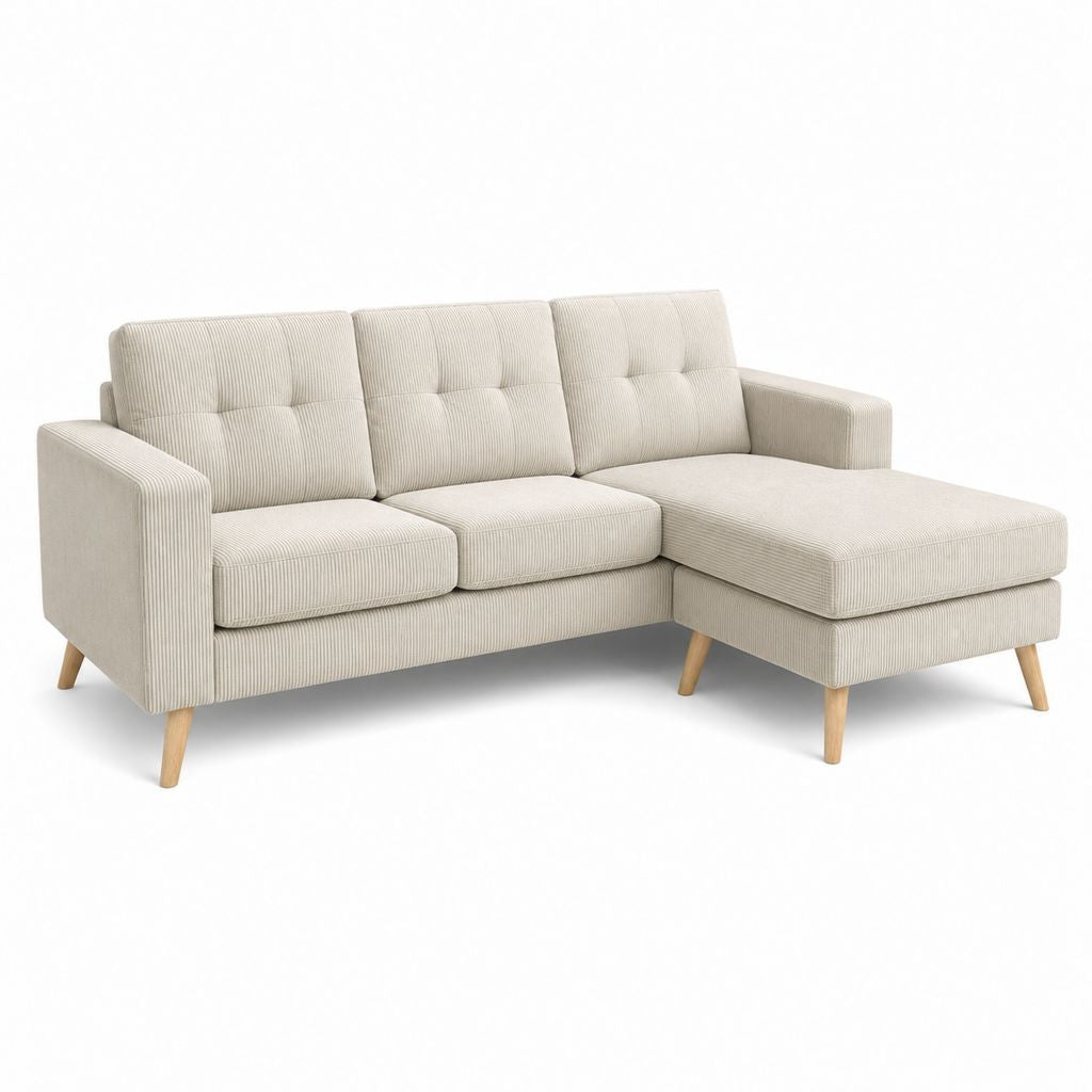 Canapé d'angle droit 3 places beige en velours côtelé de polyester 220 x 145 x 85 cm