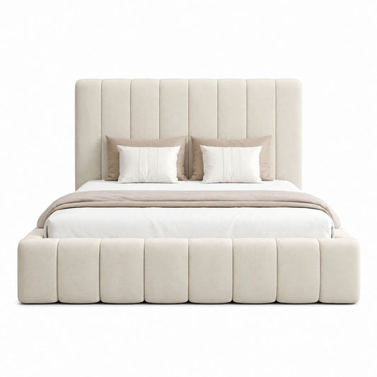 Lit coffre 160 x 200 cm beige en velours synthétique avec tête de lit capitonnée