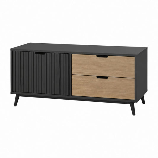 Meuble TV 120 cm noir et chêne en panneaux MDF avec 2 tiroirs et porte coulissante