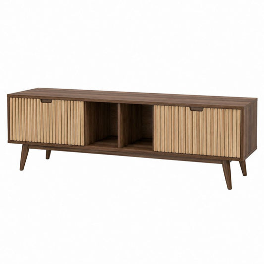 Meuble TV bas noyer en MDF plaqué avec portes coulissantes rainurées 160 x 40 x 55 cm