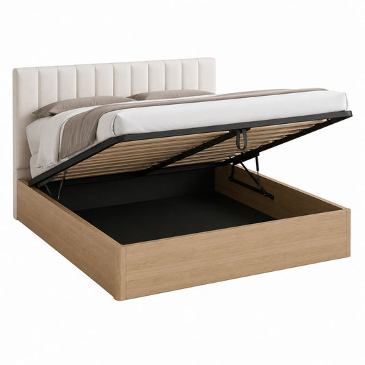 Lit coffre 160 x 200 cm beige et chêne clair avec tête de lit capitonnée et sommier à lattes