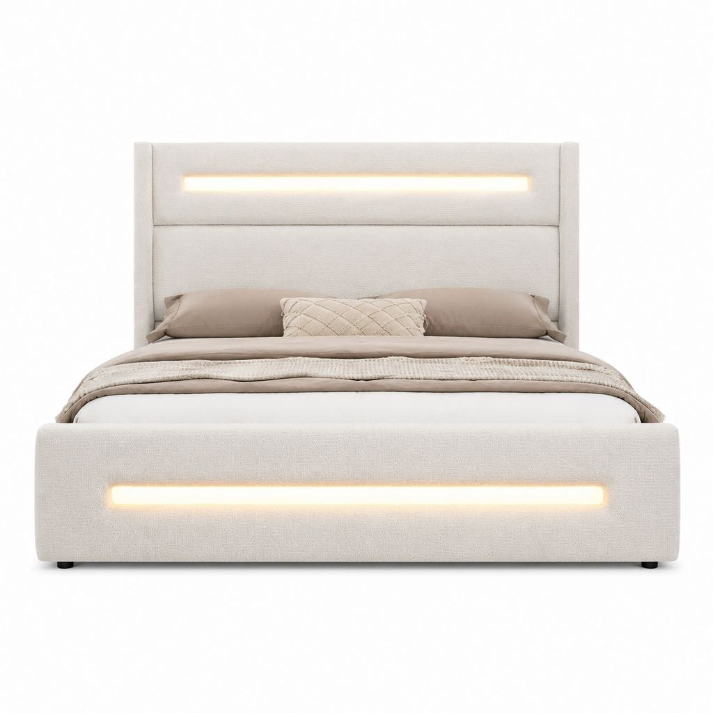 Lit coffre 160 x 200 cm beige en polyester avec éclairage LED intégré