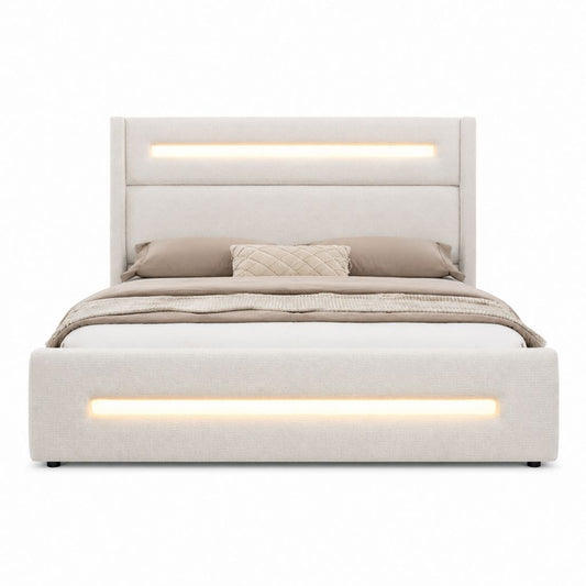 Lit coffre 160 x 200 cm beige en polyester avec éclairage LED intégré