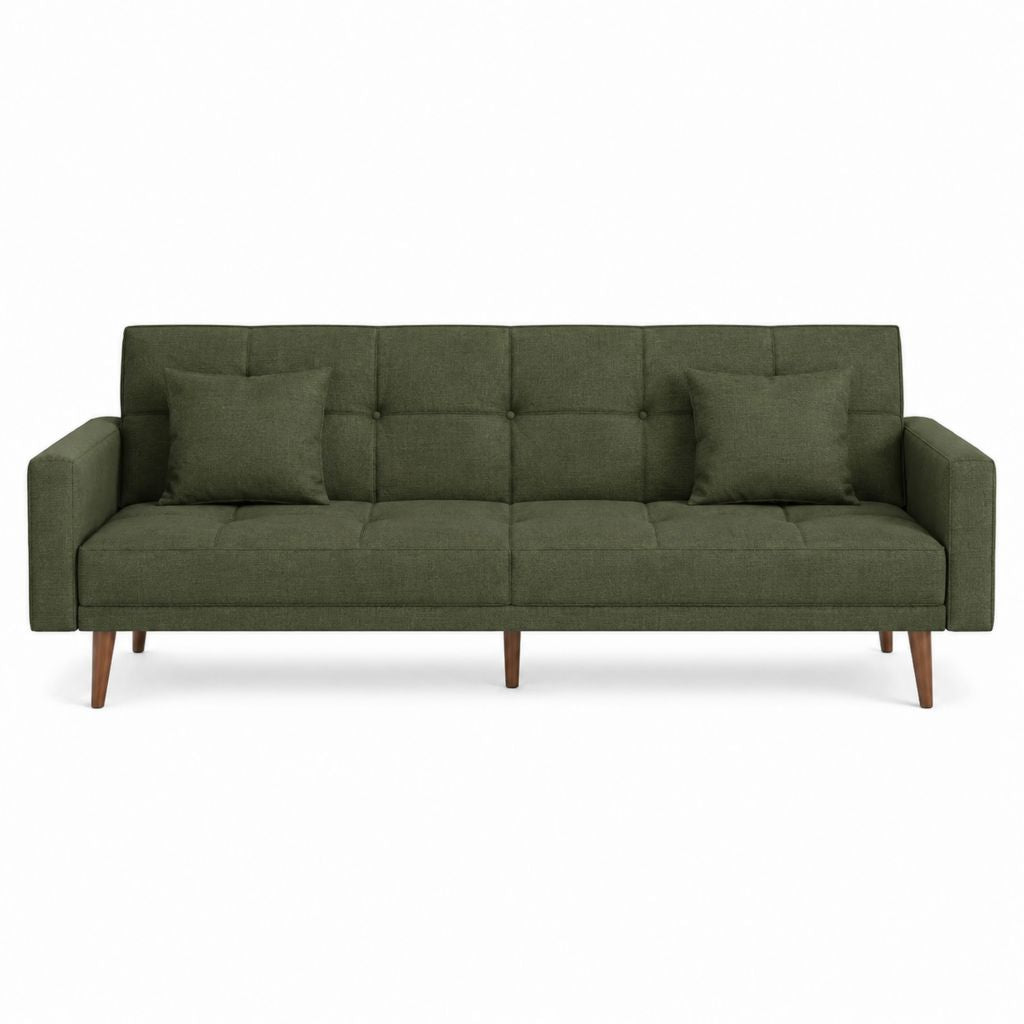 Canapé 3 places droit vert en polyester avec pieds en hévéa 220 x 85 x 85 cm