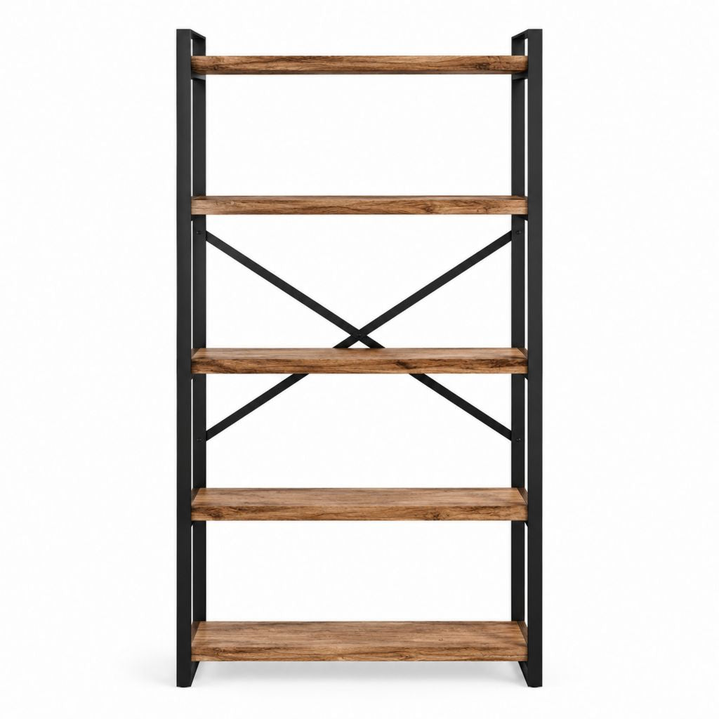 Bibliothèque étagère 5 niveaux marron et noir en bois massif d'acacia et acier 80 x 30 x 180 cm