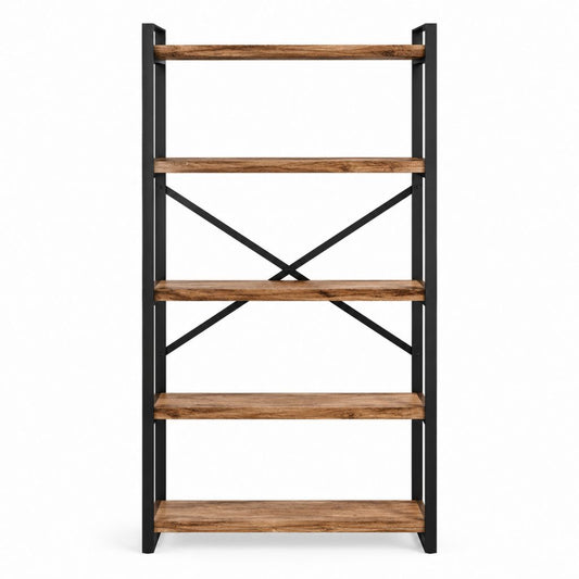 Bibliothèque étagère 5 niveaux marron et noir en bois massif d'acacia et acier 80 x 30 x 180 cm