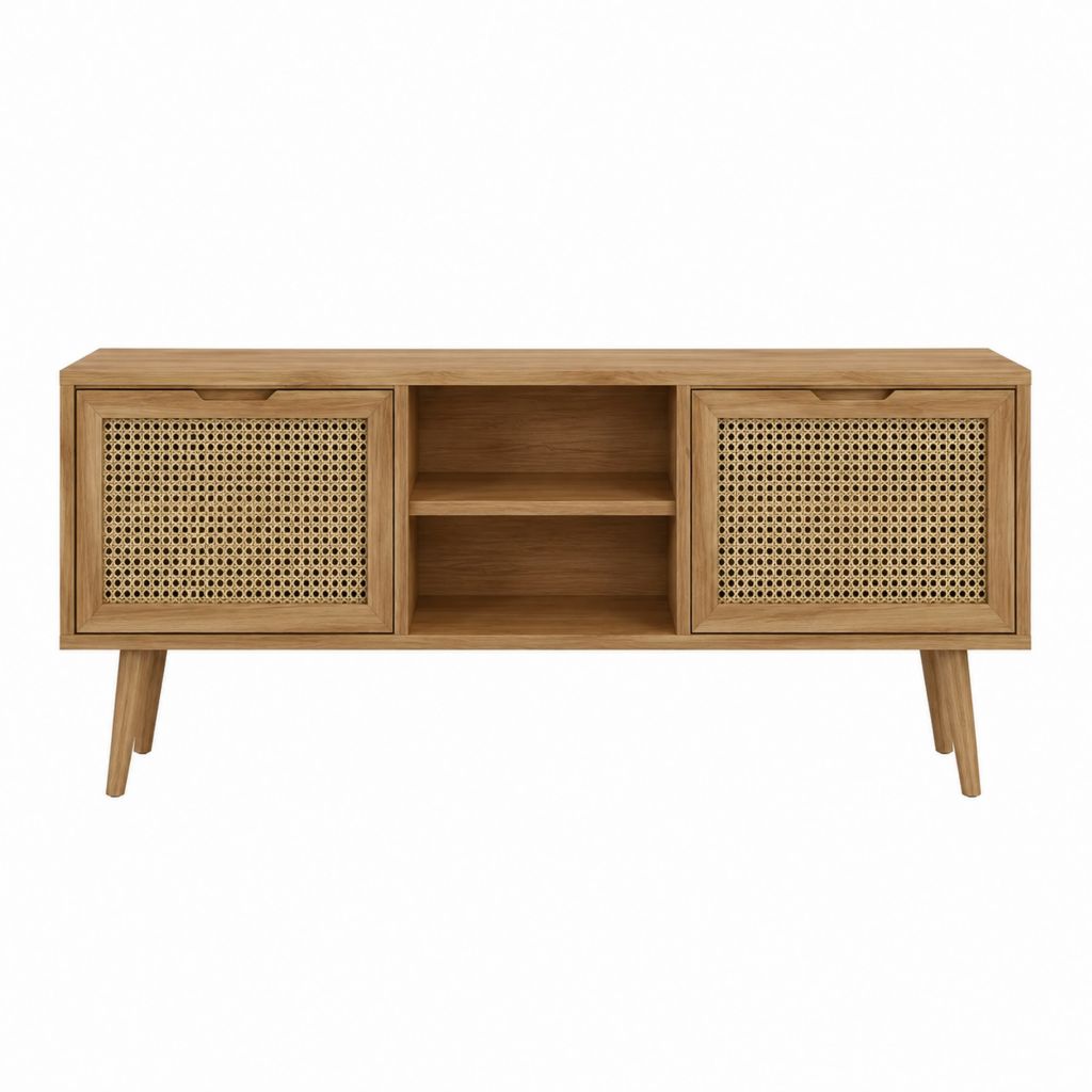 Meuble TV rectangulaire brun en bois massif et rotin 140 x 40 x 60 cm