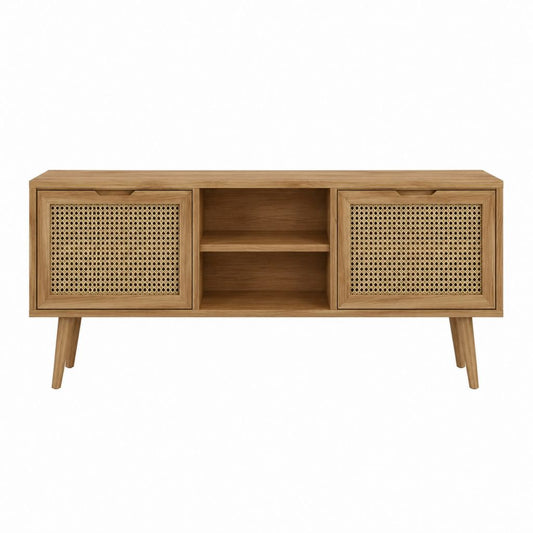 Meuble TV rectangulaire brun en bois massif et rotin 140 x 40 x 60 cm