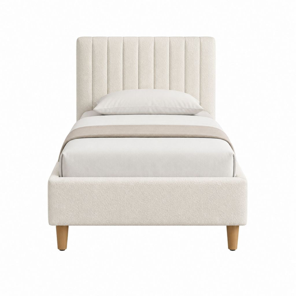 Lit avec rangement 90 x 190 cm beige en polyester bouclé avec tête de lit capitonnée