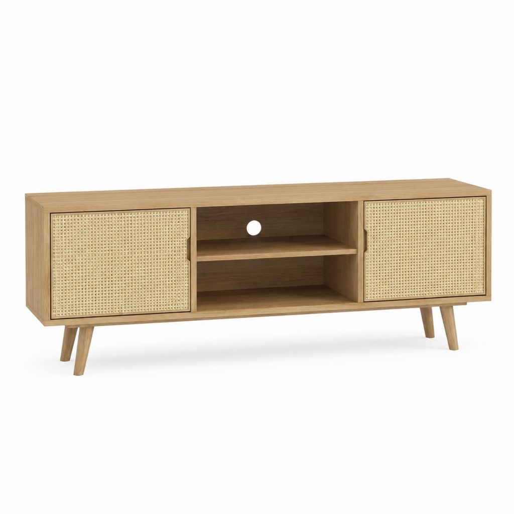 Meuble TV en chêne naturel et rotin tressé 140 x 40 x 55 cm avec 2 portes et passe-câbles