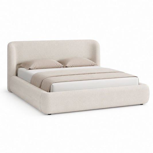 Lit coffre 160x200 cm beige en polyester bouclette avec tête de lit capitonnée