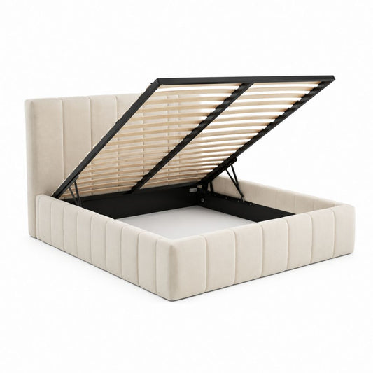Lit coffre double beige en velours polyester rectangulaire 160 x 200 cm