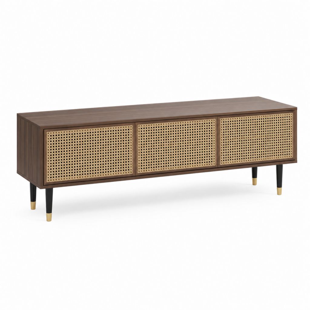 Meuble TV 3 portes marron noyer et rotin rectangulaire 160 x 40 x 55 cm