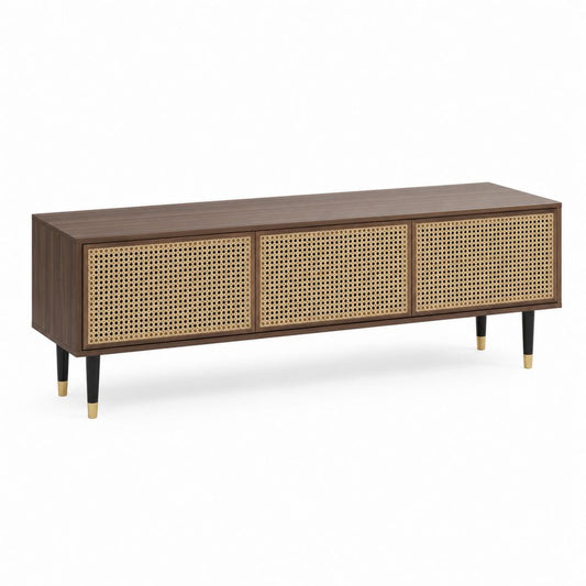 Meuble TV 3 portes marron noyer et rotin rectangulaire 160 x 40 x 55 cm