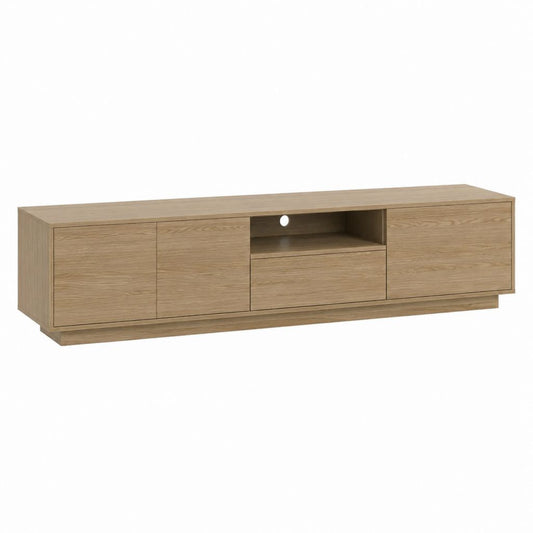 Meuble TV 180 cm chêne clair en panneaux de particules avec 3 placards 1 tiroir et niche ouverte