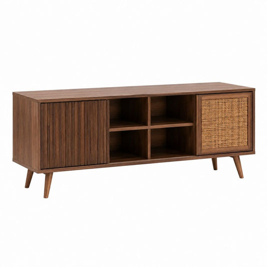 Meuble TV rectangulaire noyer en MDF plaqué noyer et cannage de rotin 160 x 40 x 60 cm